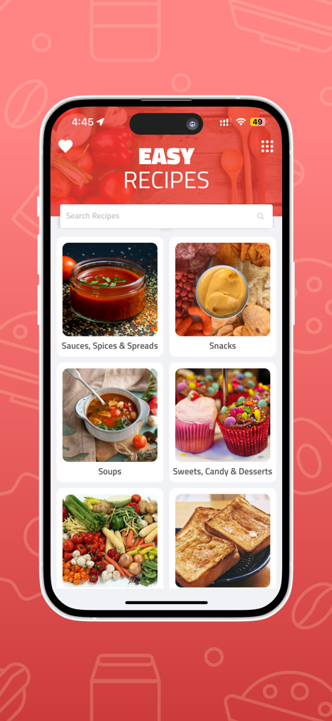 Easy Recipes for you - Interface de l'application Easy Recipes montrant des catégories d'aliments comme soupes, snacks et desserts