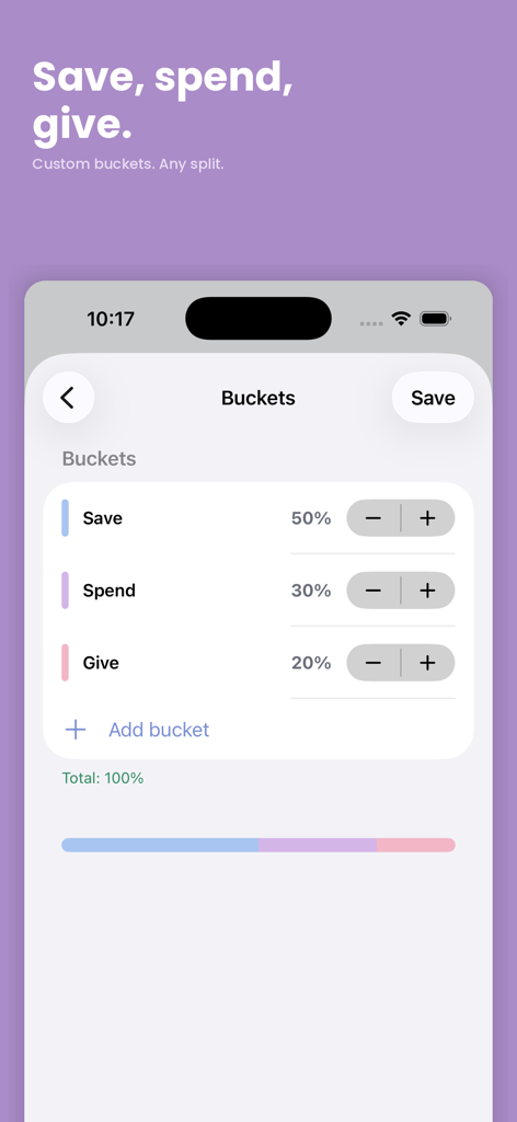 AllowanceKit - Interface of AllowanceKit app showing the customization of save spend and give buckets for kids allowance