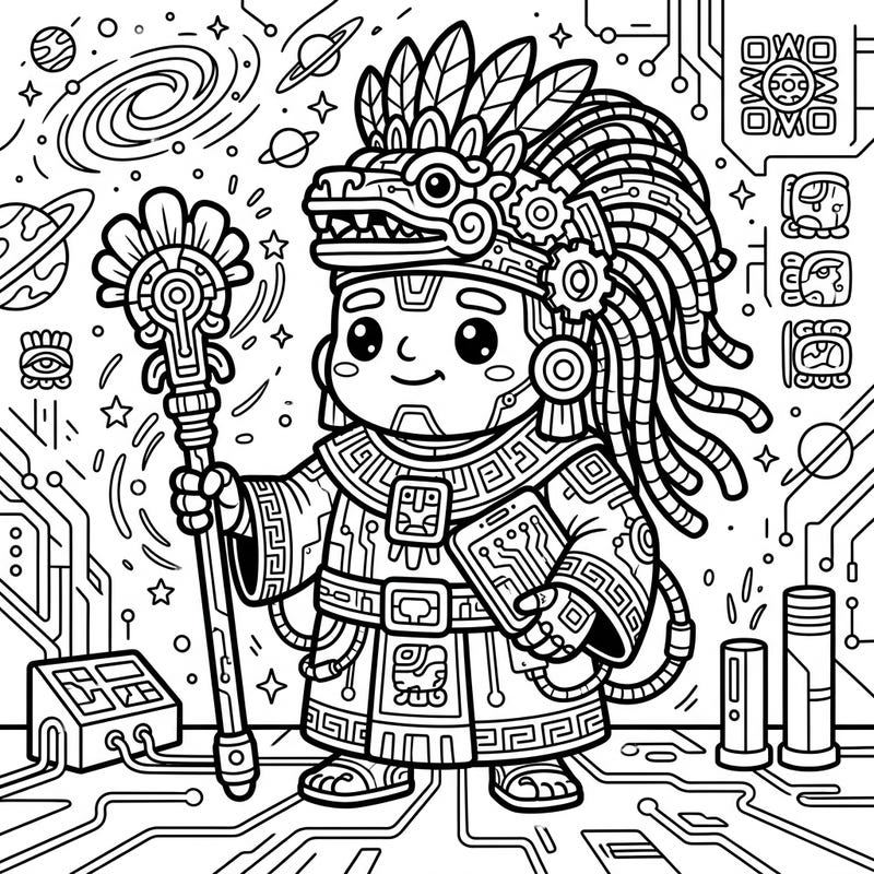 Dive into an extraordinary coloring experience with this Kawaii Cyberpunk Itzamná template. This unique design merges ancient Mayan mythology with a futuristic, adorable twist.