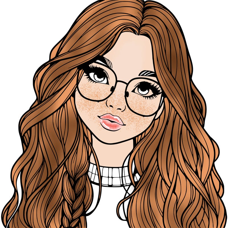 girl with long hair and freckles and glasses realistic