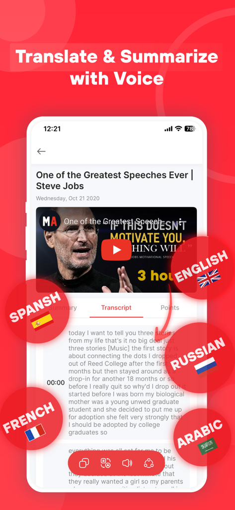 AI Video Summarizer Tool - Interfaz de la aplicación de resumen de video con IA que muestra funciones de traducción y transcripción multilingüe