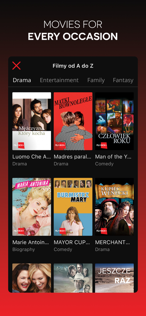 FilmBox+ - Screenshot of the FilmBox plus app showing various movies and genre categories