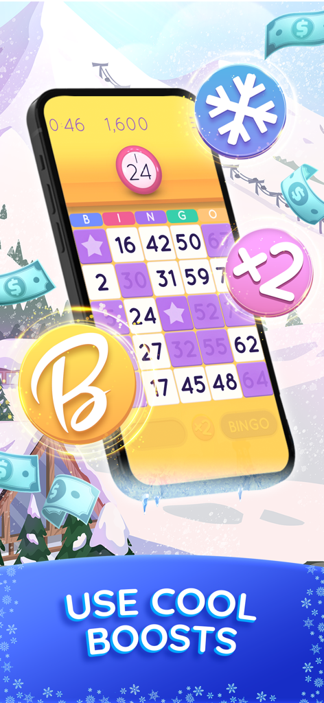 Blackout Bingo - Win Real Cash - Blackout Bingo 모바일 앱 인터페이스에 특별 부스트와 현금 보상이 표시됩니다.