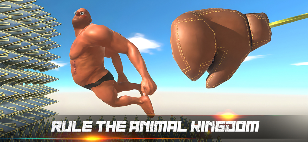 Animal Revolt Battle Simulator - 筋肉質なラグドールキャラクターが、物理ベースのサンドボックスバトルで巨大なボクシンググローブに打たれる様子
