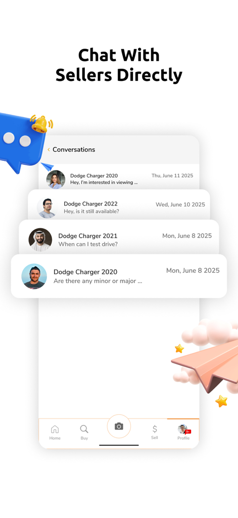 BuyAnyCar - In-app chat interface showing direct conversations between buyers and sellers for used cars
