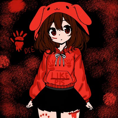 pretty anime girl wearing a fluffy hoodie with bunny ears on the hood and a skirt