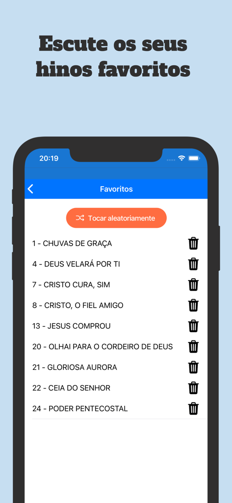 Harpa Cristã: Hinos com áudio - Screenshot of the Harpa Cristã app showing a list of favorite hymns with a shuffle play option.