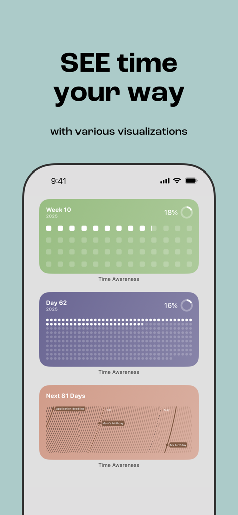 Awareness - Time Visualization - iPhone screen displaying three different time visualization widgets for current week, day progress, and upcoming milestones