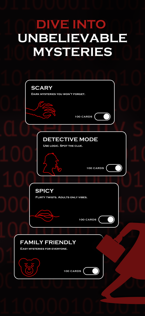 Interface de l'application de détective Case Files montrant des options de packs mystère comme Effrayant, Mode Détective, Épicé et Adapté aux familles