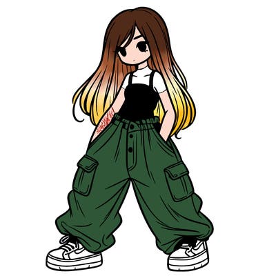 girl in baggy pants, crop top, and long hair