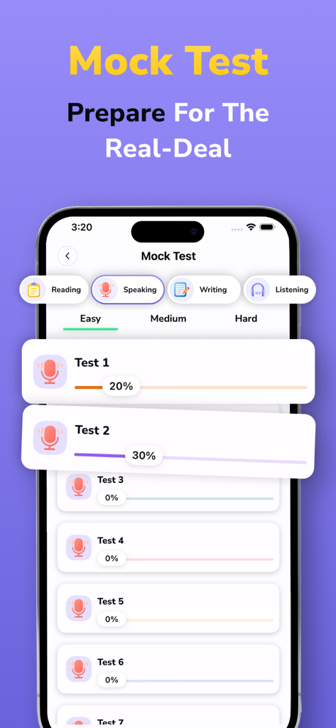 IELTS Exam Practice Test Prep - Interfaz de examen de práctica IELTS que muestra el progreso y los niveles de dificultad de la prueba de expresión oral