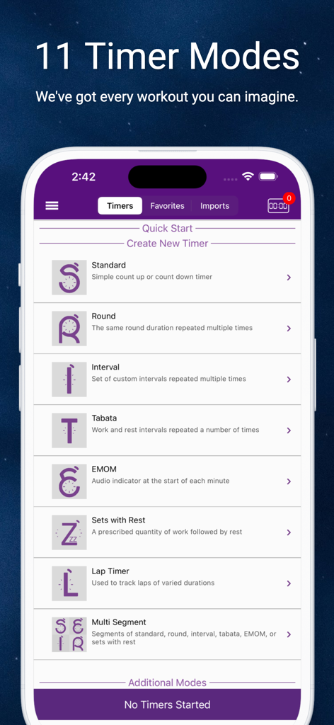 GymNext Flex Timer - GymNext Flex Timer app interface showing various workout modes like Tabata EMOM and Interval training