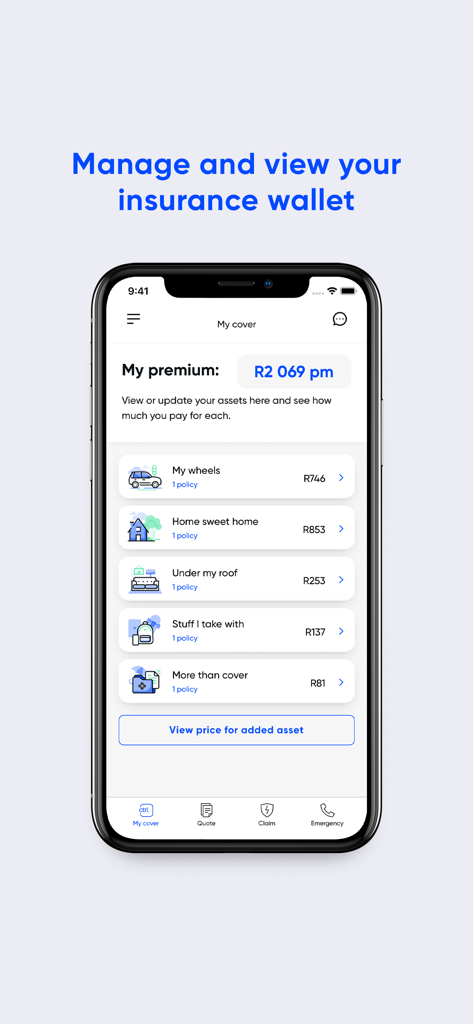 Ctrl - Insurance assistant - Pantalla de smartphone que muestra la cartera de seguros y el resumen de primas en la app Ctrl