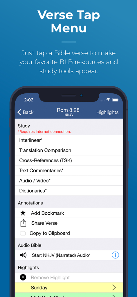 Blue Letter Bible - Blue Letter Bible app interface showing the verse tap menu with study tools including interlinear and translation comparison options.