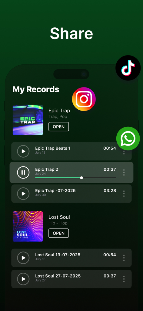 Go Beat • Music & Sound Maker - Interfaz de la aplicación Go Beat que muestra la sección Mis Grabaciones con opciones para compartir ritmos en TikTok e Instagram