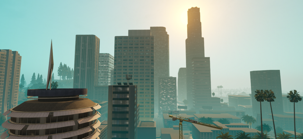 GTA: San Andreas – Definitive - Panoramic view of the Los Santos skyline with skyscrapers and palm trees in GTA San Andreas Definitive