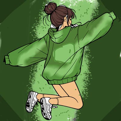 realistic girl jumping with a bun and oversized sweatshirt