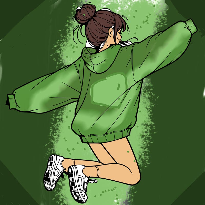 realistic girl jumping with a bun and oversized sweatshirt