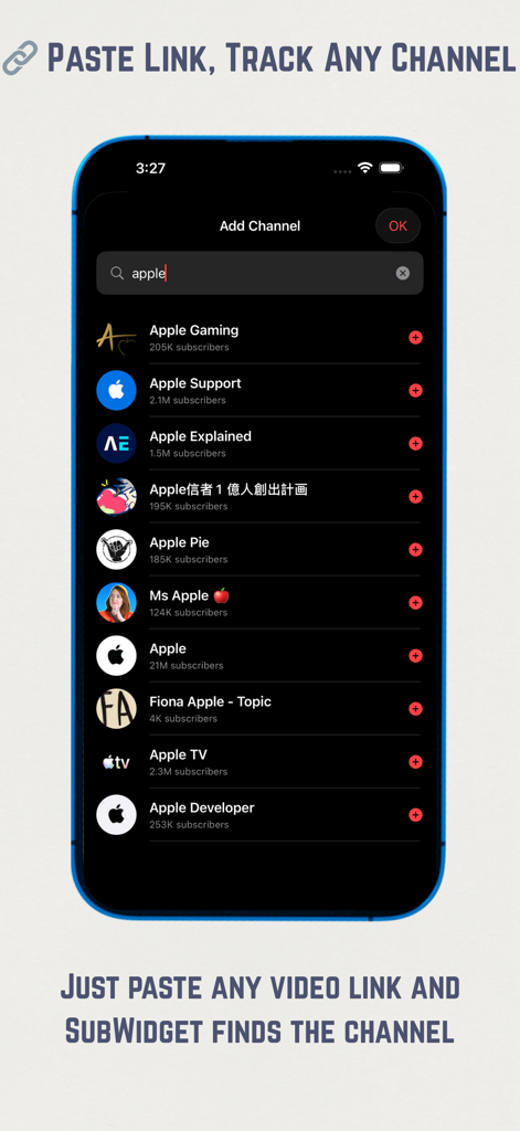 Interfaz de la aplicación SubWidget mostrando resultados de búsqueda de canales de YouTube con recuentos de suscriptores y un botón de añadir