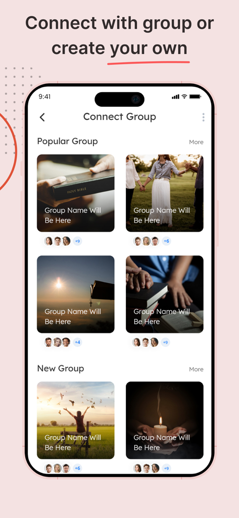 Bible - Daily Bible KJV - Pantalla de la aplicación móvil mostrando grupos de estudio bíblico populares y nuevos para conectar con otros usuarios.