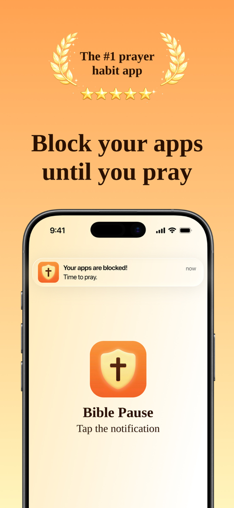 Bible Pause app screen showing a notification to block apps until you pray.