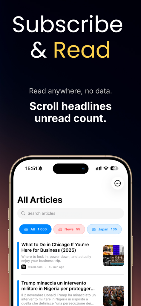 Simplio RSS Reader mobile app interface showing unread headlines and category filters.