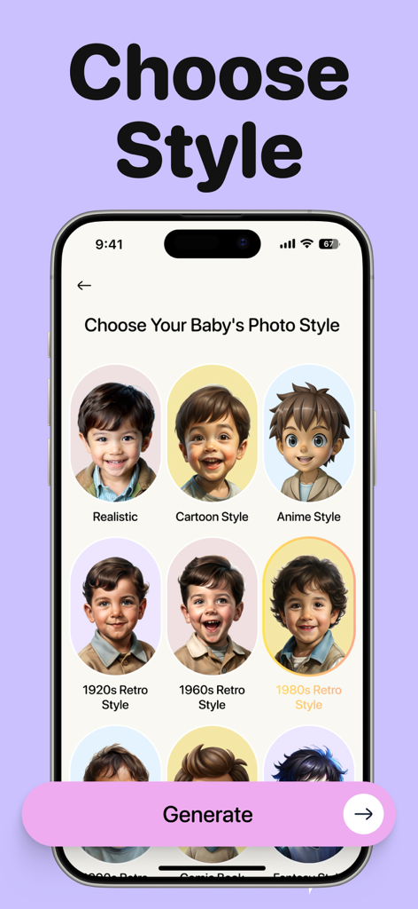 AI Baby Face Generator Future - AI baby face generator screen showing options for realistic cartoon and retro styles