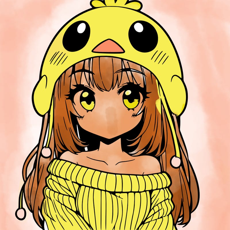 anime girl with chick shaped hat with sweater with bare shoulders with bangs covering them one eye with low tail