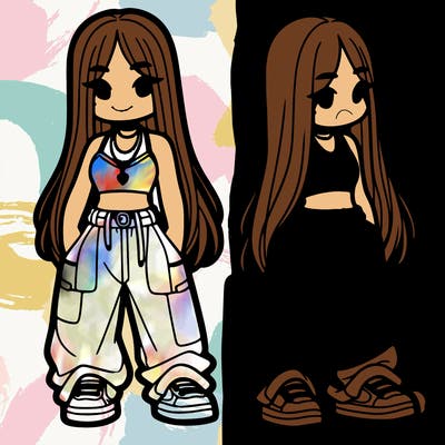 girl in baggy pants crop top and long hair