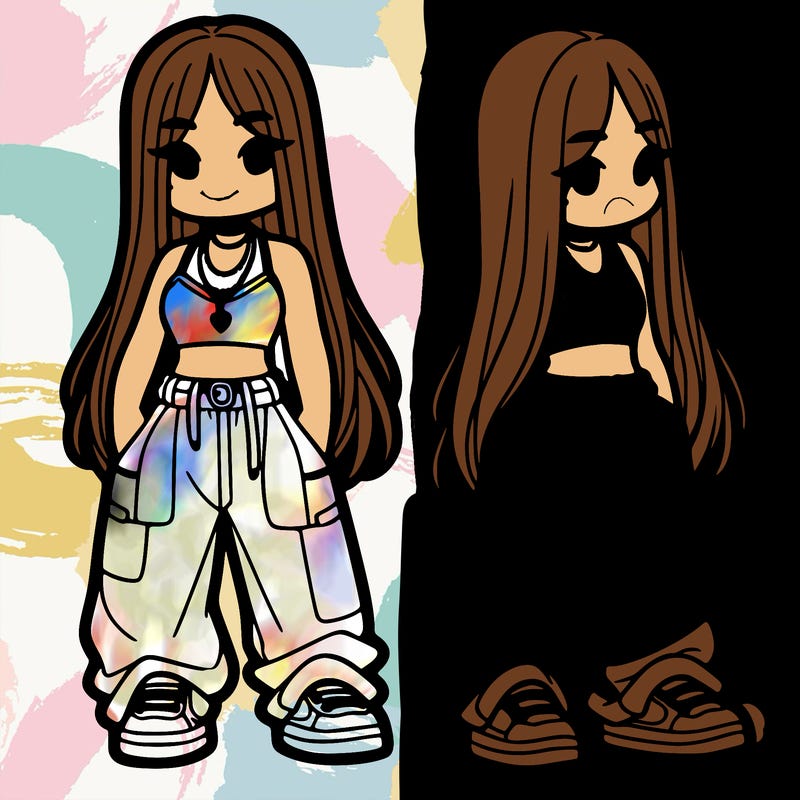 girl in baggy pants crop top and long hair