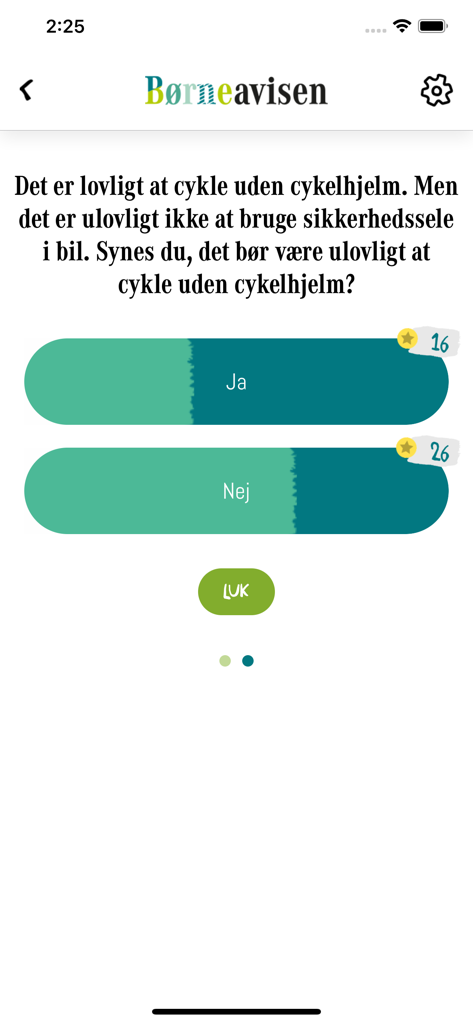 Interactive news poll screen in the Borneavisen app for kids