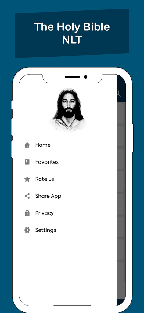 Navigation side menu of the NLT Bible mobile app showing an illustration of Jesus and various app options
