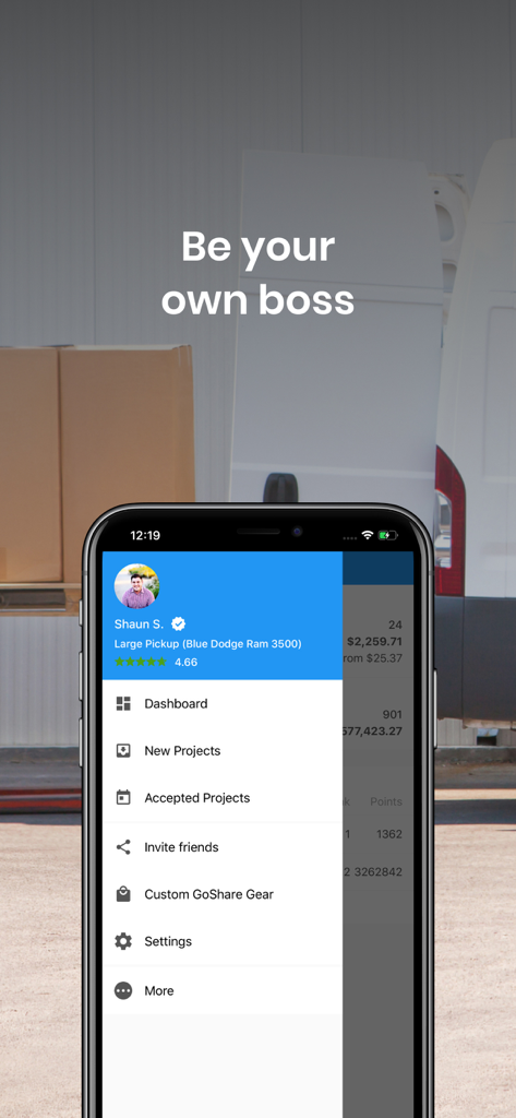 GoShare Driver: Earn Money - Smartphone showing the GoShare Driver app sidebar menu with delivery project options against a cargo van background
