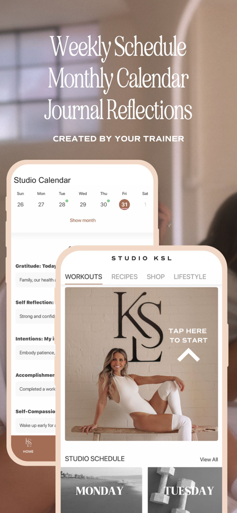 Studio KSL 모바일 앱은 주간 피트니스 일정, 월간 캘린더, Katrina Scott의 저널 성찰을 보여줍니다.
