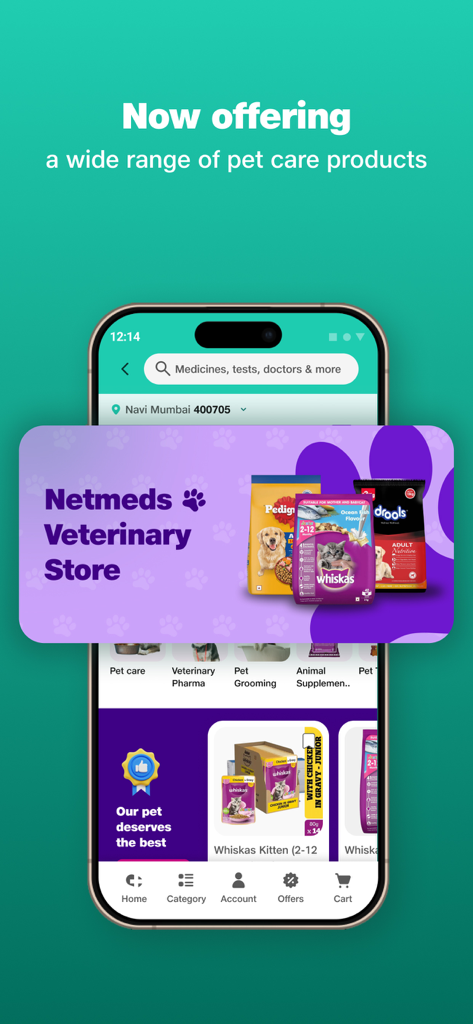 Netmeds app interface showing the veterinary store with a wide range of pet care products and animal supplements