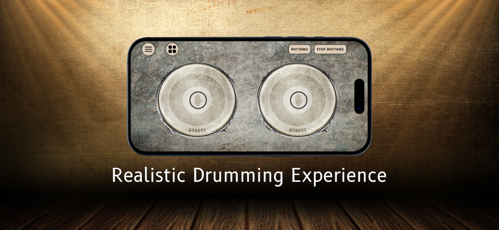 Pantalla de smartphone que muestra la interfaz de la aplicación Bongo Drums Master con dos cabezales de tambor realistas