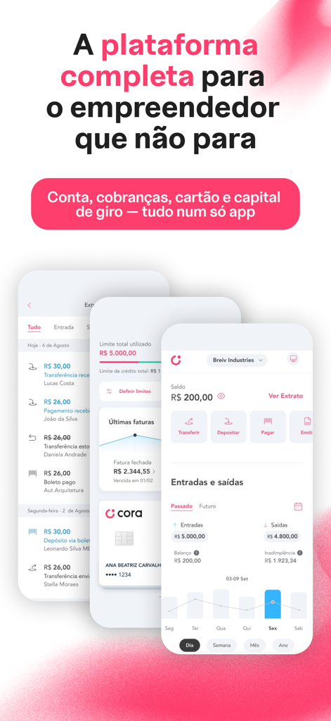 Conta PJ Digital - Cora - Schermate dell'app di online banking Cora PJ che mostrano la dashboard del conto aziendale e gli strumenti di gestione finanziaria