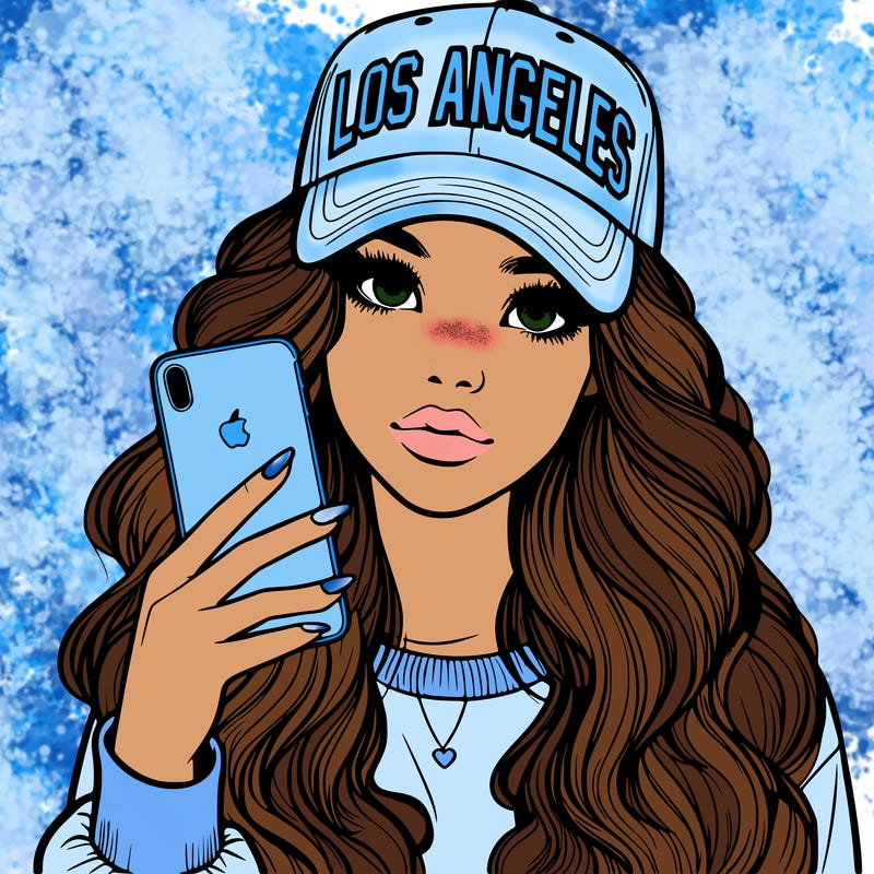 realistic beautiful girl wearing los ángeles cap holding an iphone