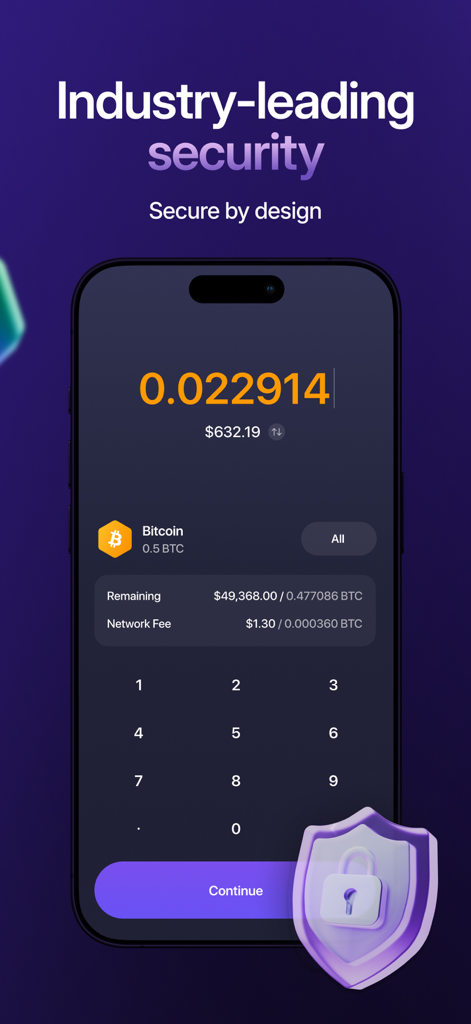 Tela de segurança do aplicativo móvel Exodus com uma interface de transação Bitcoin e um ícone de escudo protetor