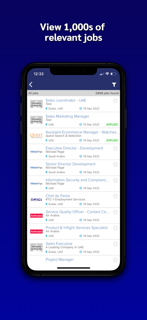 GulfTalent app interface showing diverse job listings in the Middle East including Dubai and Saudi Arabia