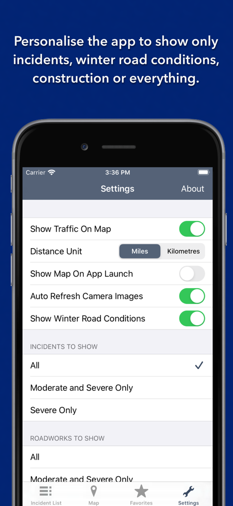 Wisconsin State Roads - Settings screen of the Wisconsin State Roads app showing personalization options for traffic incidents and winter road conditions