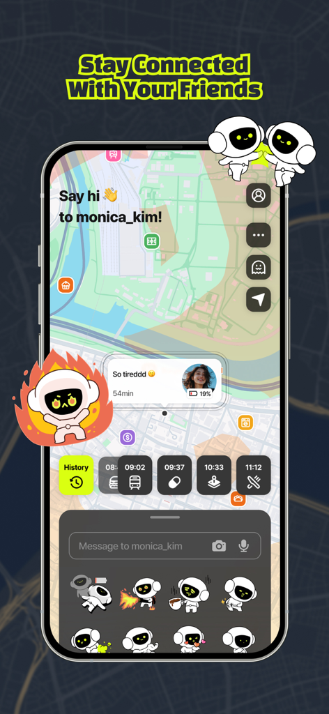 Lalatok: Map-Based Social App - Pantalla de la aplicación Lalatok que muestra un mapa en tiempo real con ubicaciones de amigos y actualizaciones de estado.