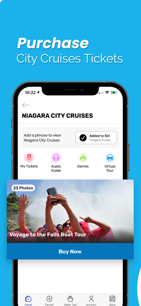 City Experiences - Mobile app interface for City Experiences showing Niagara City Cruises tour options and a booking button for the Voyage to the Falls Boat Tour.