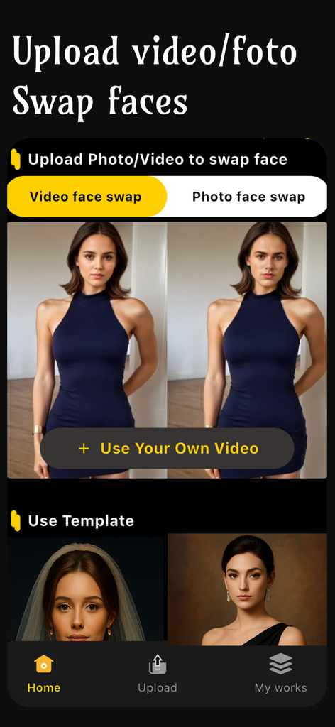 AI video&face swap-NeFace - NeFace 앱의 홈 화면으로, 비디오 및 사진 얼굴 바꾸기 업로드 옵션과 템플릿이 표시됩니다.