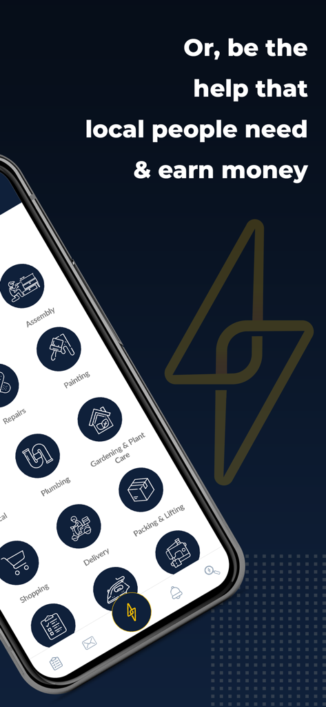 Co-Tasker - Interfaz de la aplicación móvil Co-Tasker que muestra categorías de tareas locales como fontanería y entrega para ganar dinero