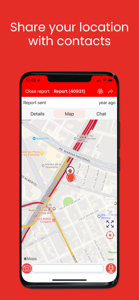 SayVU Personal & Public Safety - A mobile screenshot of the SayVU app showing a map interface with a red emergency location pin and real time location sharing