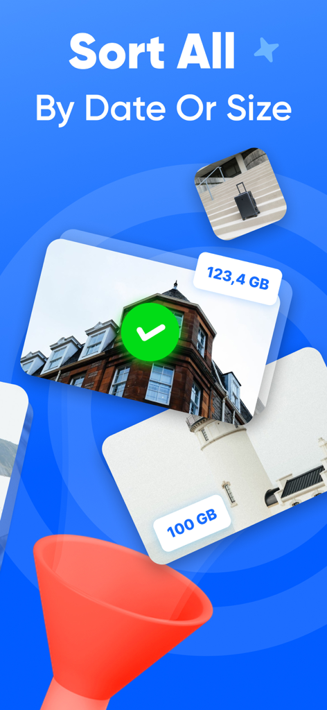 Cleaner Ultra: Clean Storage - Interface showing the ability to sort photos and videos by date or size to free up storage