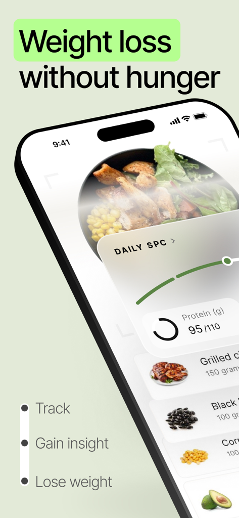 Hava – Lose weight, feel full - Interfaz de la aplicación Hava en un smartphone que muestra el seguimiento de comidas y la ingesta de proteínas para perder peso sin pasar hambre