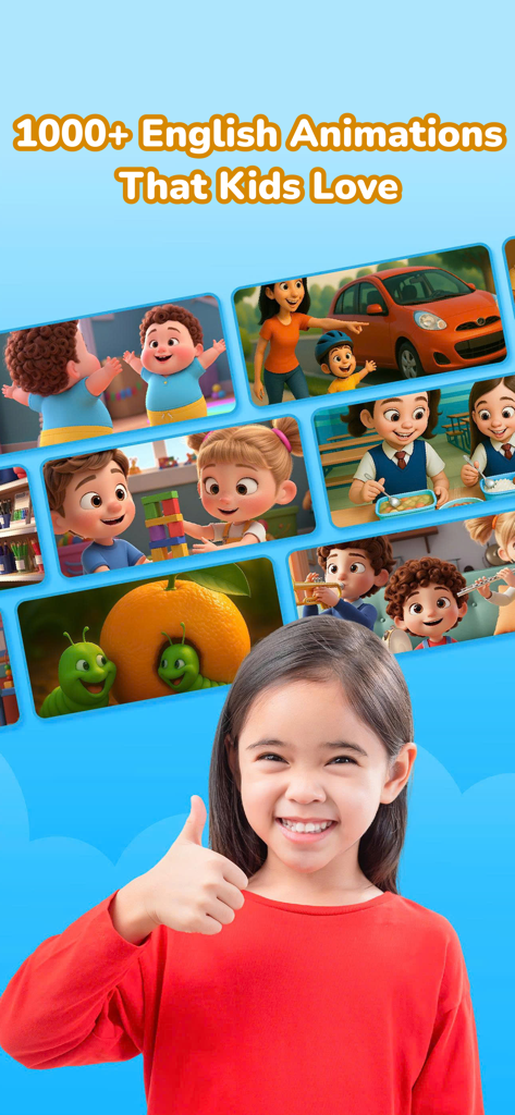 A happy young girl giving a thumbs up in front of a collage of educational English animation thumbnails