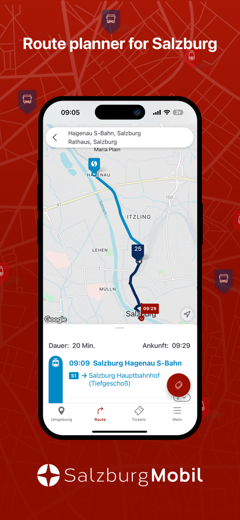 SalzburgMobil - SalzburgMobil mobile app route planner interface showing a transit map and trip details in Salzburg